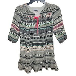 Tween Diva Girls Boho Dress Size 10 Multicolor Tribal Print Neon Pink Tassel Tie